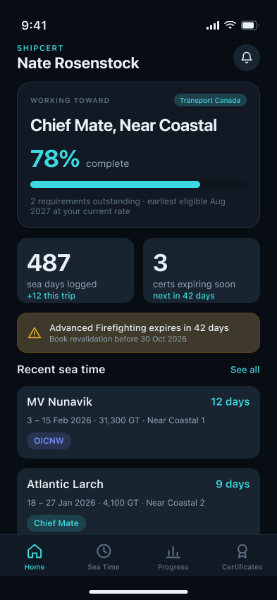 Home dashboard with certificate progress and recent sea time